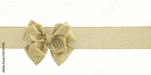 Gold bow and gold ribbon on white background