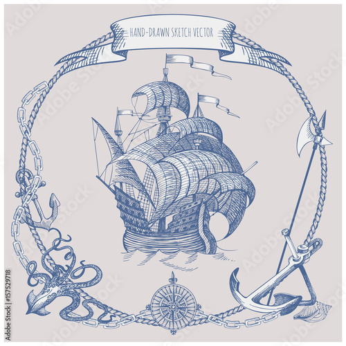Adventure stories. Pirate background. Vintage border frame. Old caravel, vintage sailboat, sea monster.