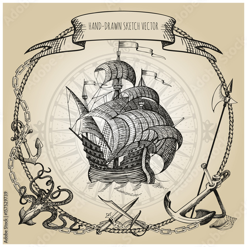 Adventure stories. Pirate background. Vintage border frame. Old caravel, vintage sailboat, sea monster.