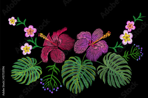 Tropical embroidery flower arrangement. Exotic plant blossom summer jungle. Fashion print textile patch. Hawaii hibiscus plumeria monstera vector illustration
