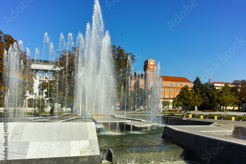 Town hall and fountain in center of city of Pleven, Bulgaria