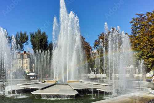 Town hall and fountain in center of city of Pleven  Bulgaria