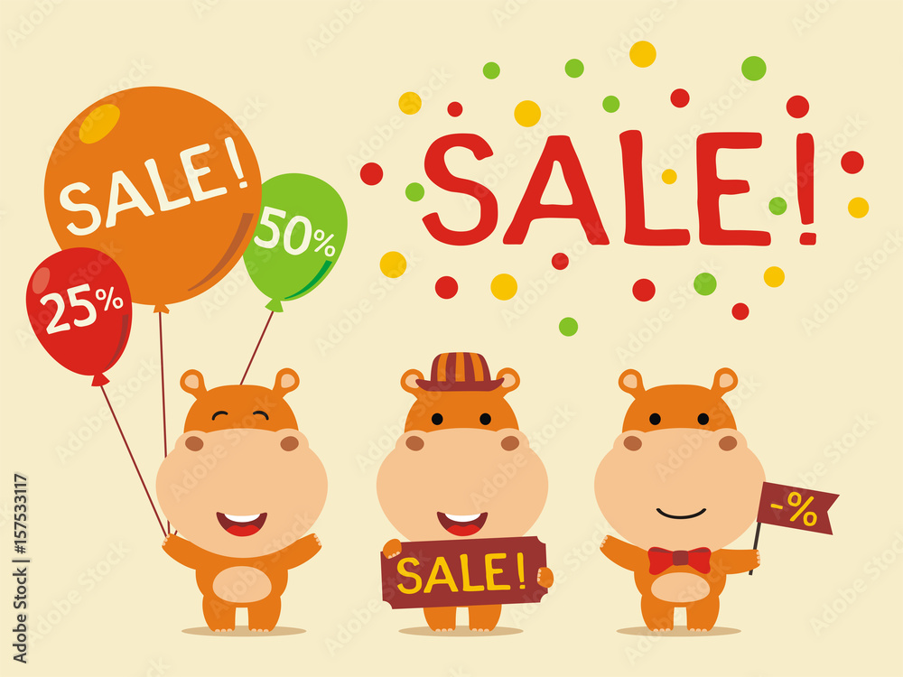 Fototapeta premium Set for design sale with hippo. Collection of cartoon hippo for sale of children goods.