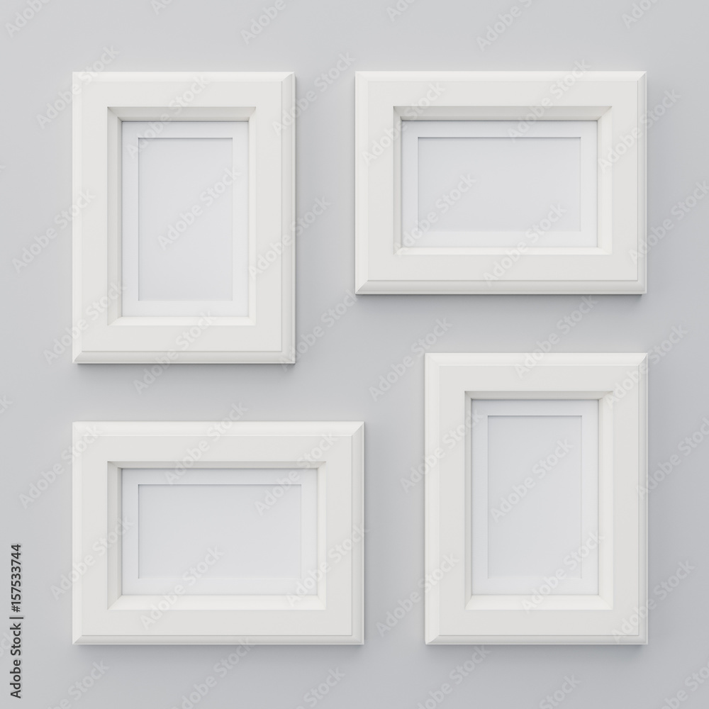 Blank frames on gray wall, render illustration Blank frames on gray wall, render illustration