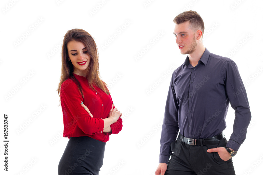 horizontal portrait of beautiful girl in red clothes and charming guy in shirt horizontal portrait of beautiful girl in red clothes and charming guy in shirt