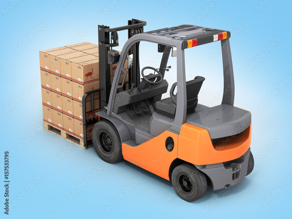 Forklift truck with boxes on pallet on blue gradient background 3d Forklift truck with boxes on pallet on blue gradient background 3d