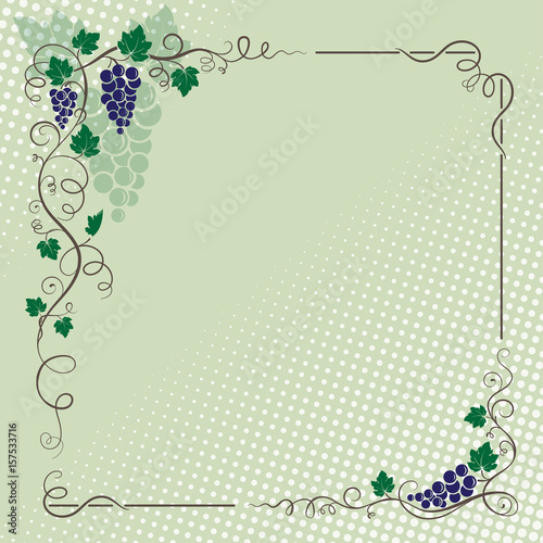 Decorative frame with bunch of grapes, grape leaves, vines, swirls. Halftone background.