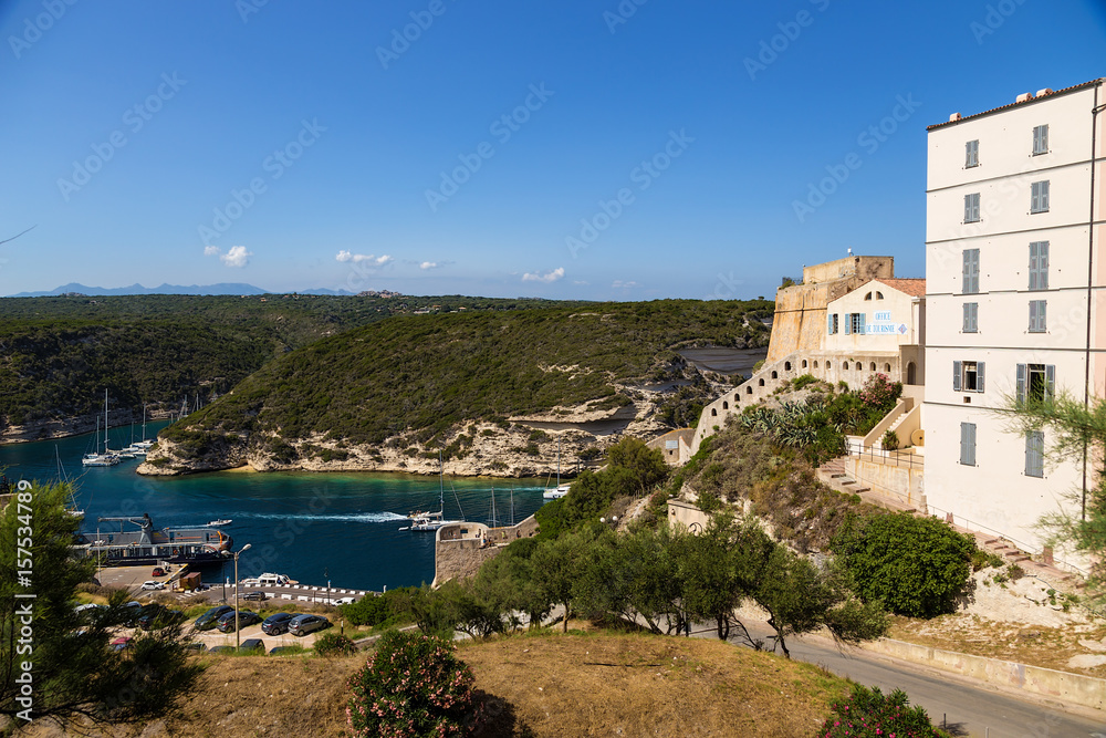 Corsica, France. Bonifacio: a city and an ancient fortress above the sea bay