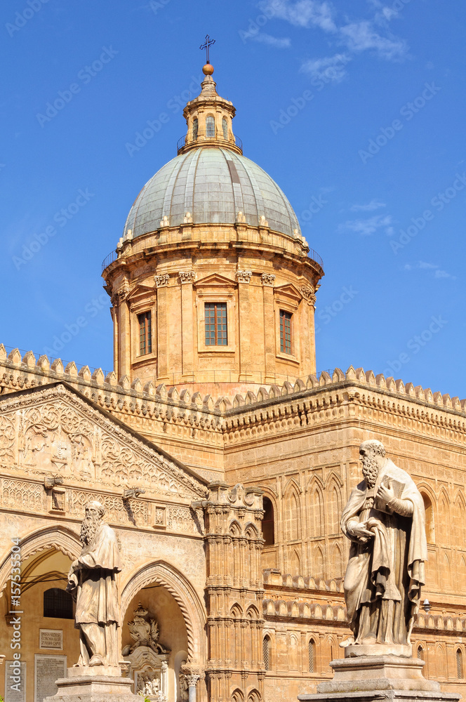 Dome of the Cathedral and statues of two prophets on Via Matteo Bonello - Palermo, Sicily, Italy