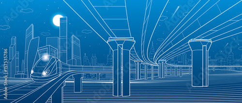 Road overpass. Transportation bridge. Train rides. Towers ans skyscrapers. Urban infrastructure, modern city on background, industrial architecture. White lines illustration, vector design art 