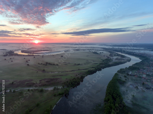 aerial view of river at sunrise