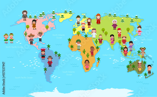 World map and kids of various nationalities