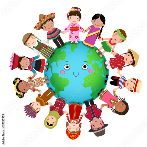 Multicultural children holding hand around the world photo