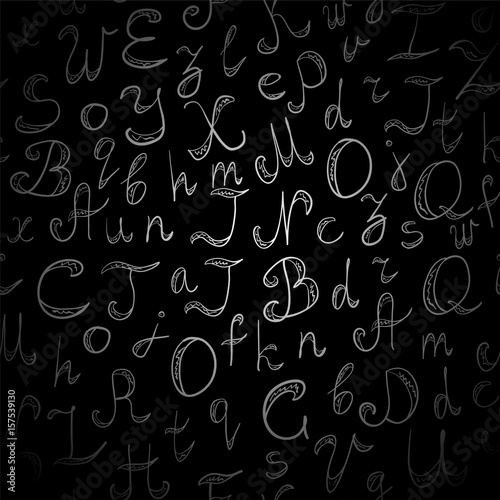 Seamless Pattern Hand Drawn Doodle Font. Children Drawings of Scribble Alphabet on Black Background. Vector Illustration.