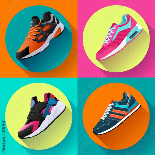 fitness sneakers shoes for training running shoe flat design with long shadow. Sport shoes set