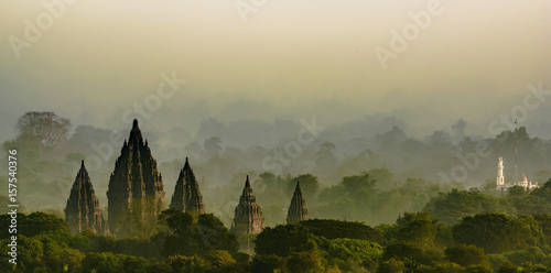 Prambanan temple viewed in foggy morning