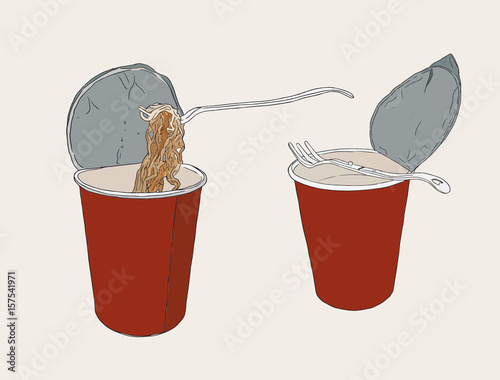 Instant noodle in cup , sketch vector set.
