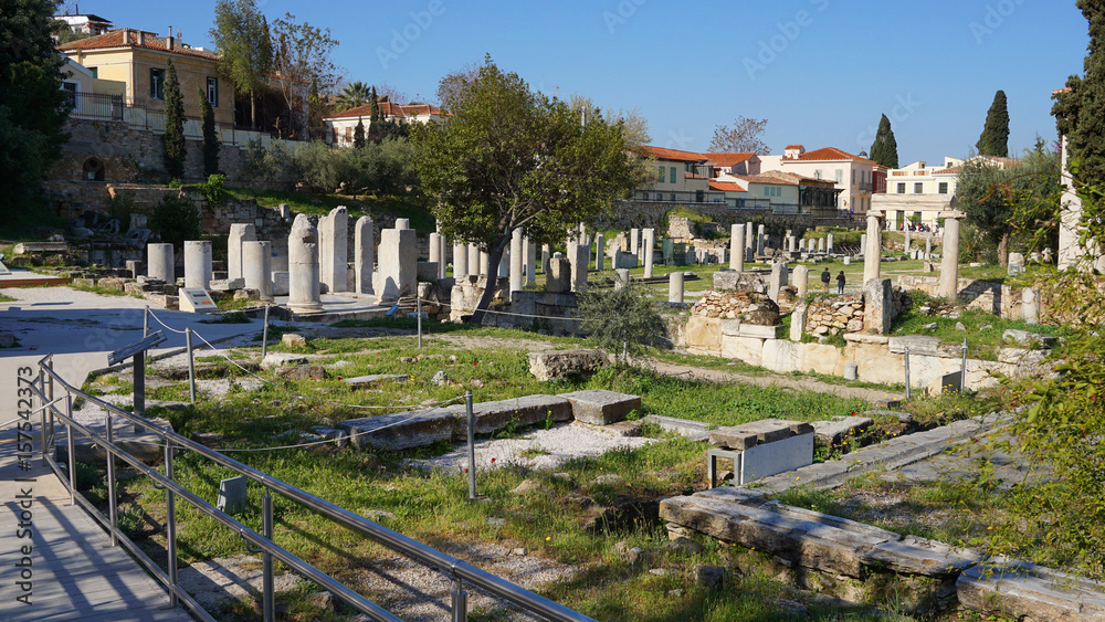 Photo from picturesque Plaka area in center of Athens and Roman Forum archaeological site, Attica, Greece