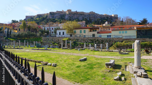 Photo from picturesque Plaka area in center of Athens and Roman Forum archaeological site, Attica, Greece