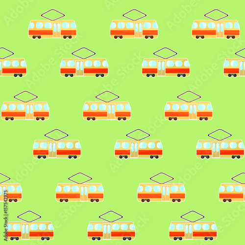 Cute colorful tram pattern  beige and red streetcar on green background