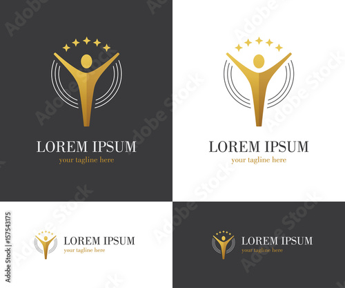 Abstract golden logo with human figure and stars.