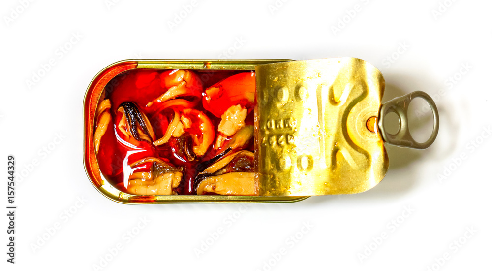 mussels in a can over white background mussels in a can over white background