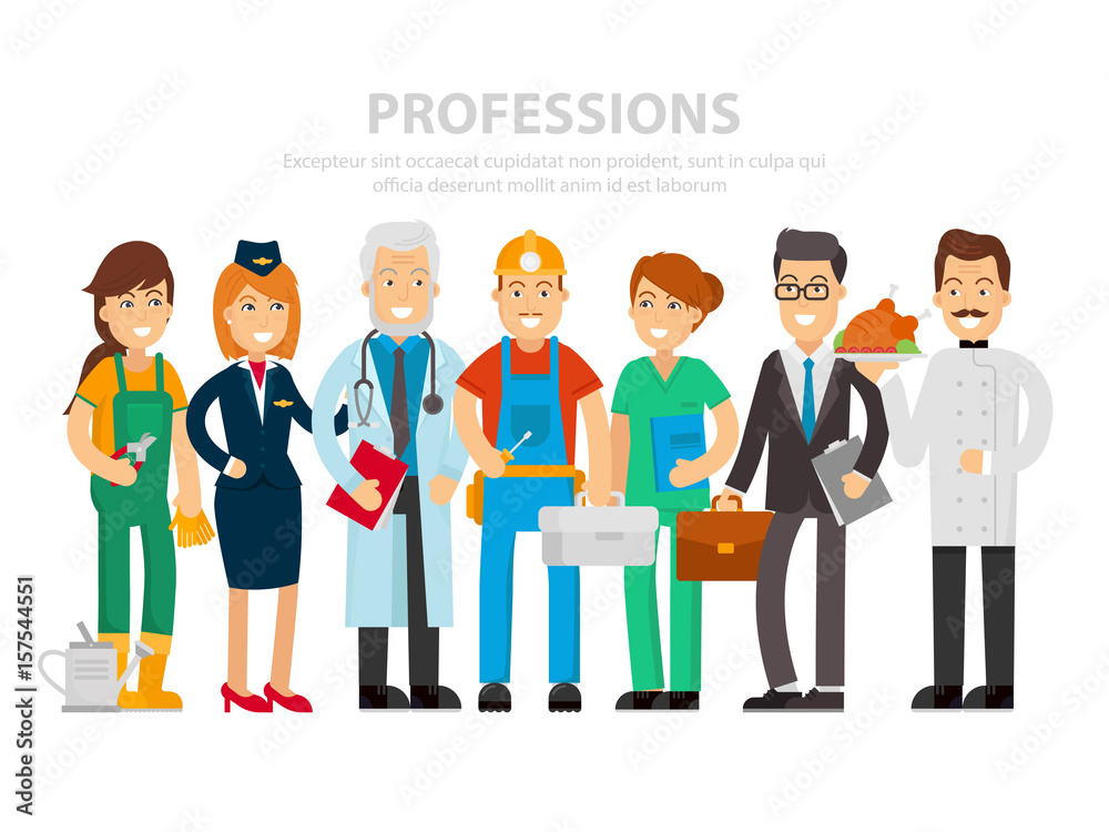Labor Day. A group of people of different professions on a white background. Vector illustration in a flat style. Doctor, nurse, businessman, flight attendant, cook, builder, gardener happy workers. Labor Day. A group of people of different professions on a white background. Vector illustration in a flat style. Doctor, nurse, businessman, flight attendant, cook, builder, gardener happy workers.