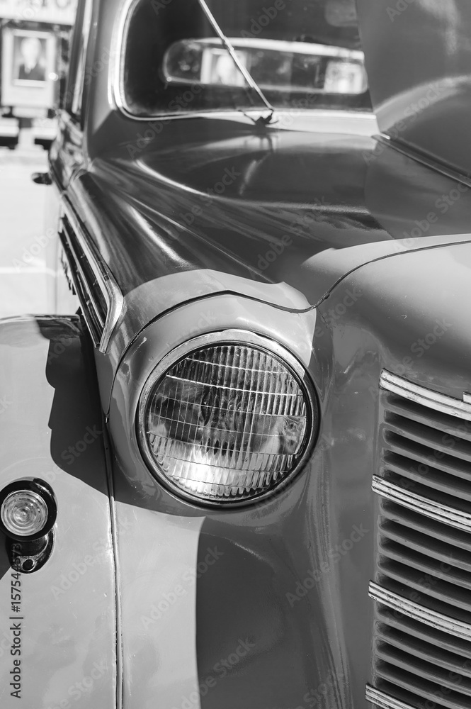 Retro car, Close-up, selective focus. Вlack and white photography. Retro car, Close-up, selective focus. Вlack and white photography.