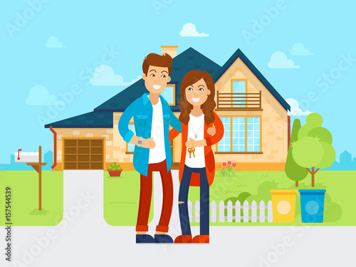 Young people bought the new house vector flat illustration. Happy family is moving into new home. Cartoon characters of the husband and wife.