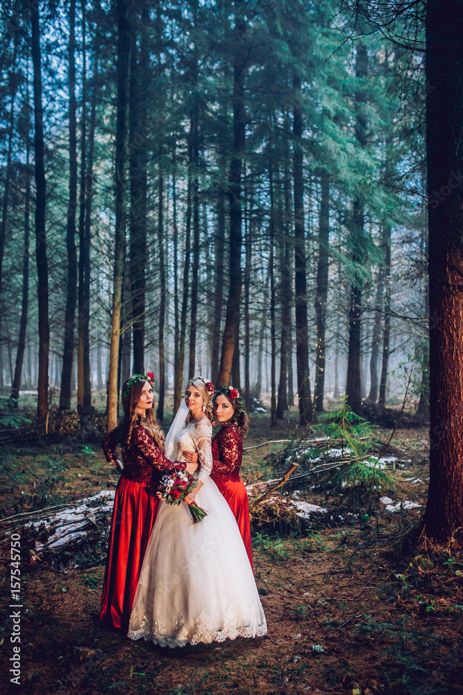 Fototapeta premium Bride and bridesmaids in red dresses stand on the path in pine forest.