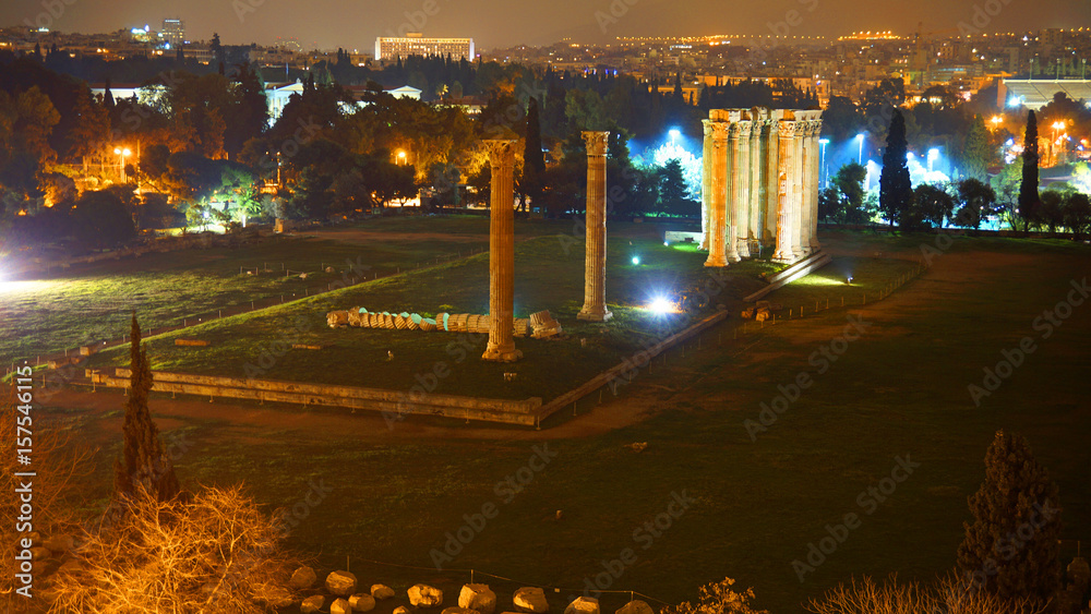 Fototapeta Night photo of Acropolis, Lycabettus and Pillars of Olympian Zeus, Athens historic center, Attica, Greece