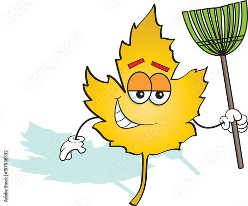 Cartoon illustration of a happy leaf holding a rake.