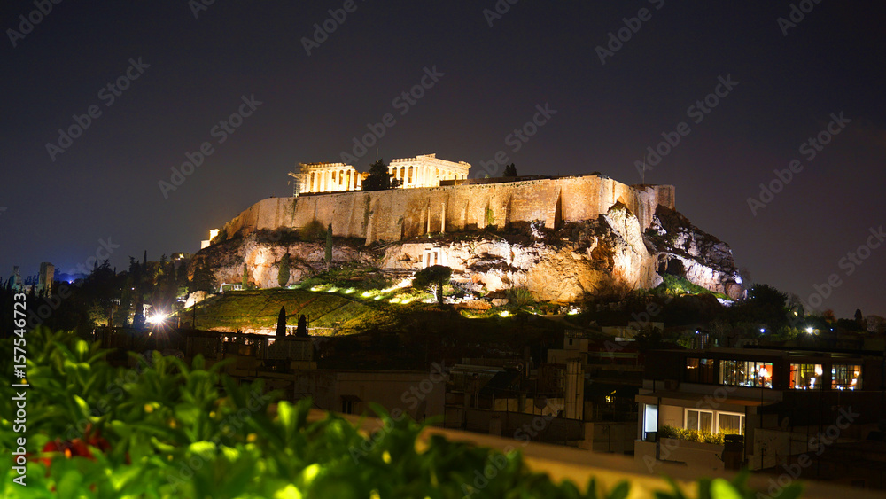 Night photo of Acropolis, Lycabettus and Pillars of Olympian Zeus, Athens historic center, Attica, Greece