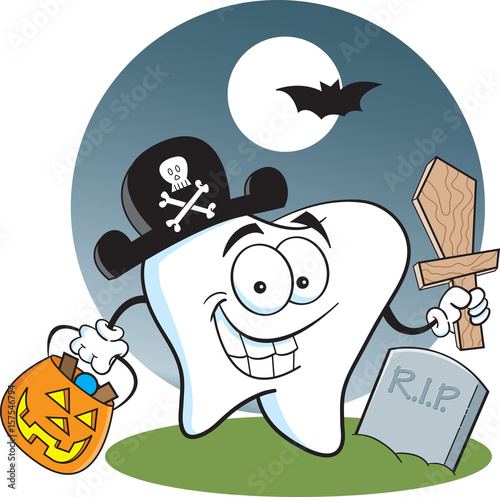 Cartoon illustration of a tooth dressed as a pirate in a graveyard.