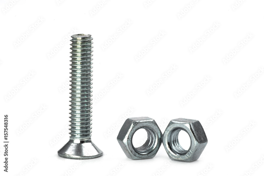 Macro view of shiny metal bolts and nuts isolated on white background with reflection effect Macro view of shiny metal bolts and nuts isolated on white background with reflection effect