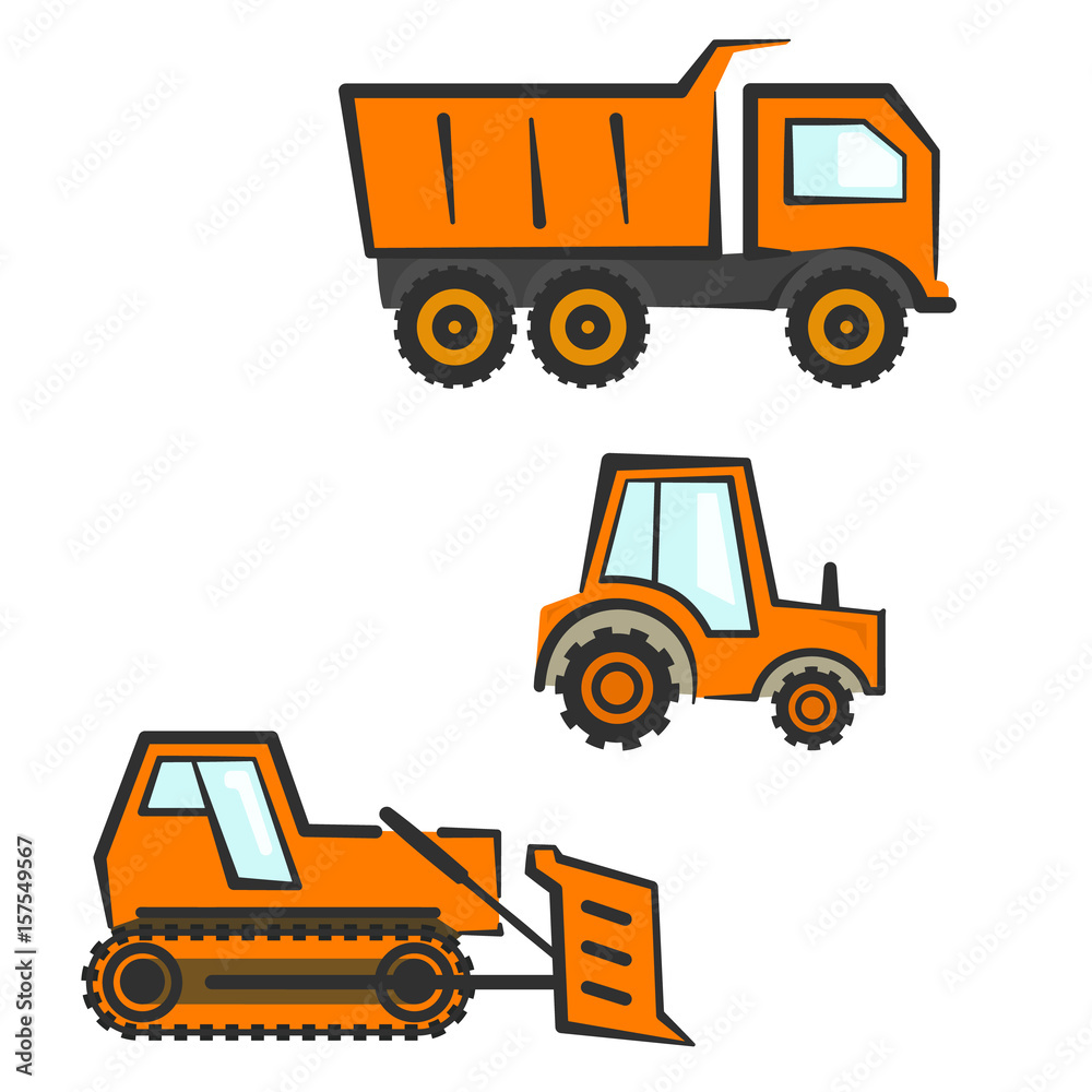 Flat orange with black outline industrial transport set. Dozer, tractor and dumper