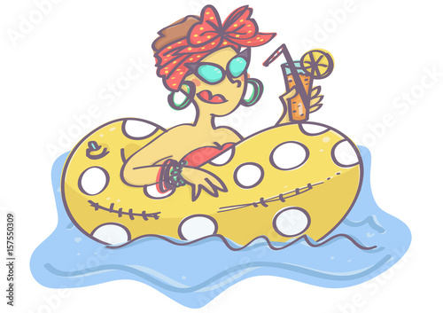 Fototapeta Naklejka Na Ścianę i Meble -  Cute vector cartoon with stylish woman in swim ring on water with cocktail, isolated on white background.