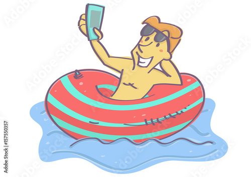 Cute vector cartoon with young man in swimming float making a selfie picture, isolated on white background.