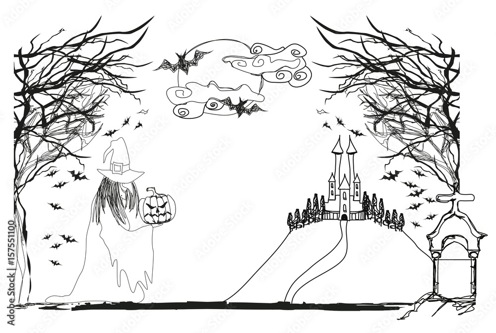 Obraz premium Illustration of witch with Halloween pumpkin