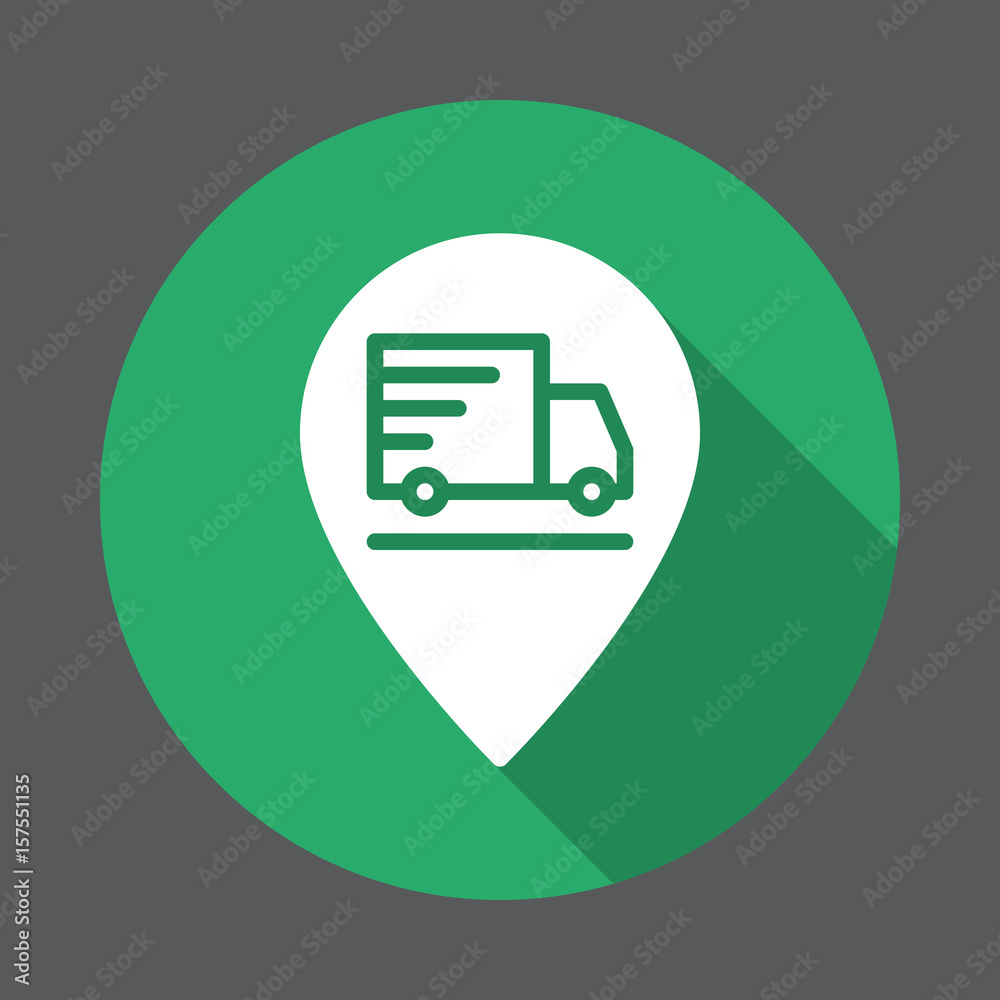 Shipping truck on map pointer flat icon. Round colorful button, Order on the way circular vector sign with long shadow effect. Flat style design Shipping truck on map pointer flat icon. Round colorful button, Order on the way circular vector sign with long shadow effect. Flat style design