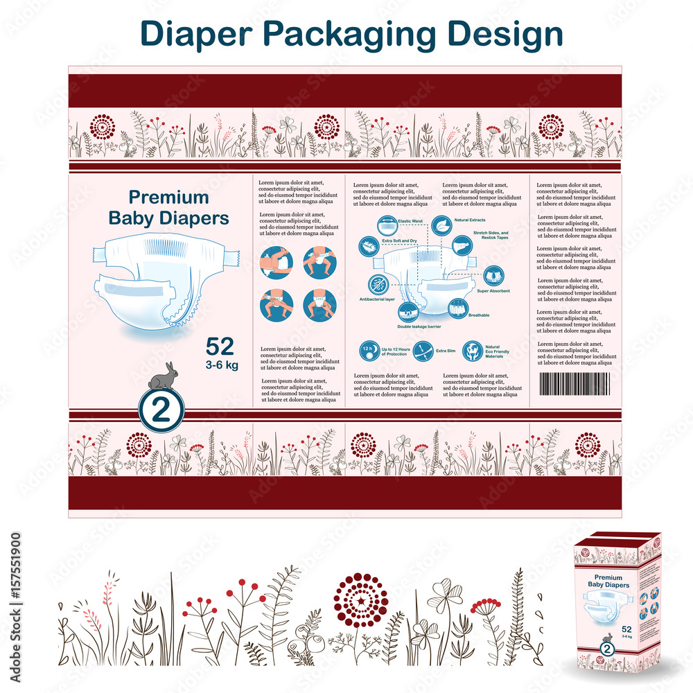 Diaper packaging design elements in doodle forest style. Nappy pakaging