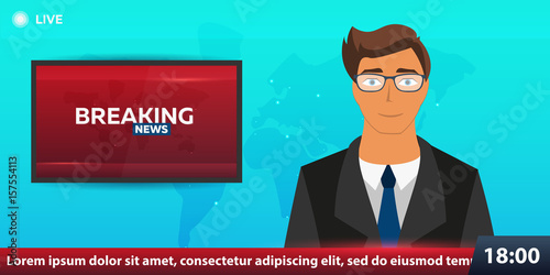 Mass media banner. Anchorman in Breaking News. Live. Television studio. TV show.