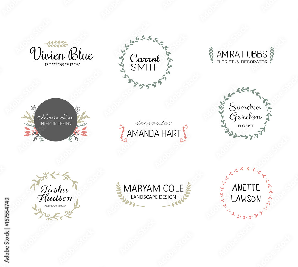 Obraz premium Handdrawn logo templates. Premade logotypes. Floral logos for small business