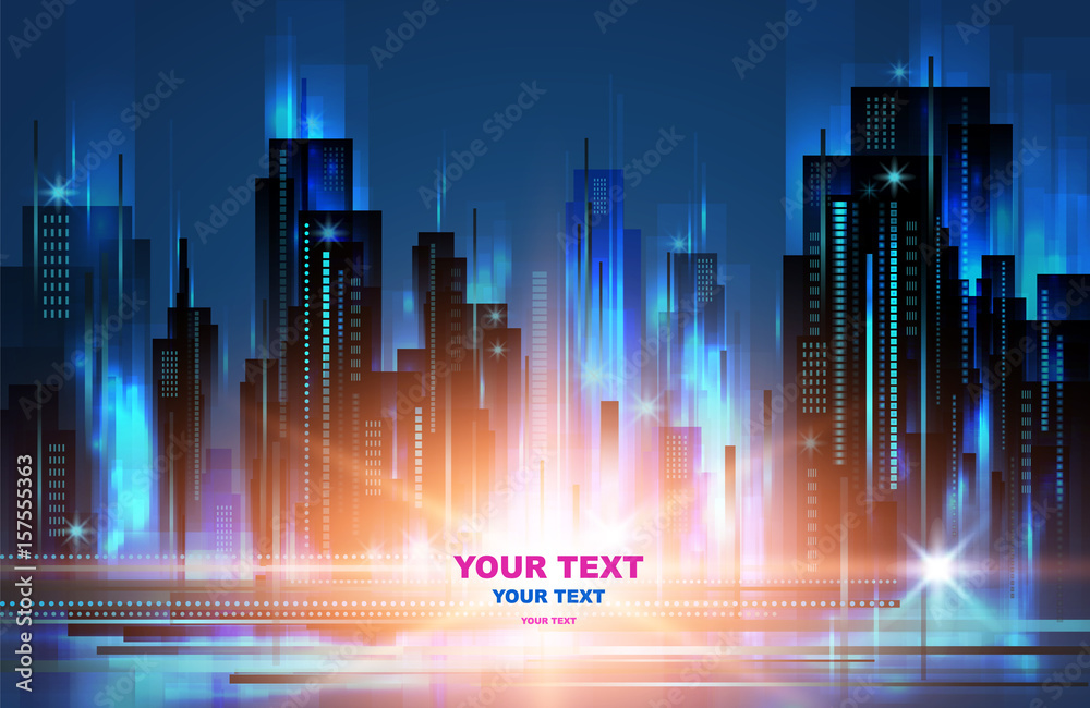 Illuminated night city skyline, vector illustration