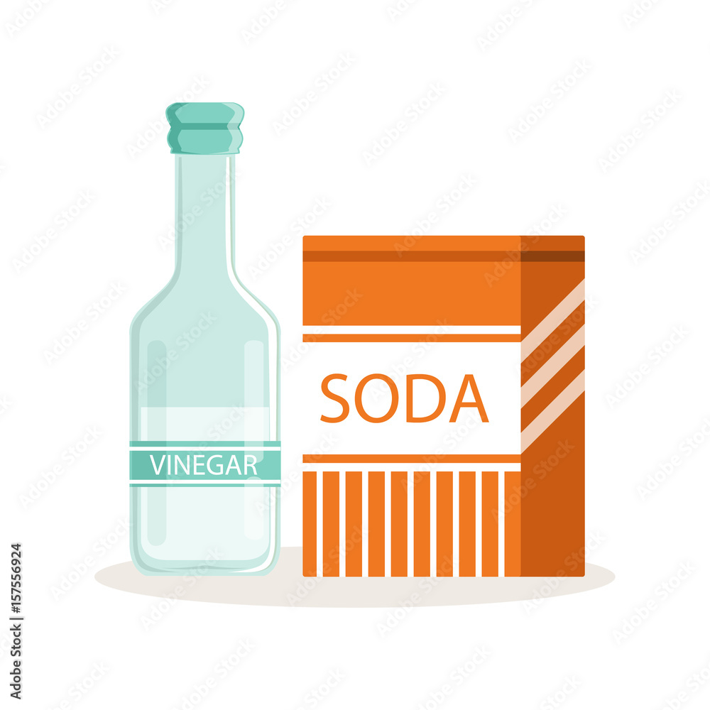 Soda in a craft paper bag and glass bottle of vinegar, baking ingredients vector Illustration Soda in a craft paper bag and glass bottle of vinegar, baking ingredients vector Illustration