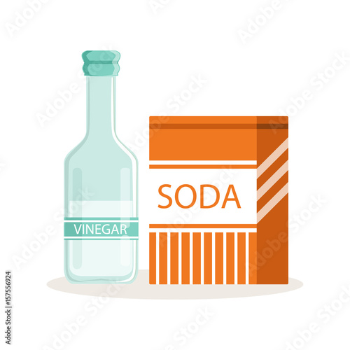 Soda in a craft paper bag and glass bottle of vinegar, baking ingredients vector Illustration