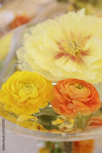 Peonie gialle e arancioni dentro composizione floreale