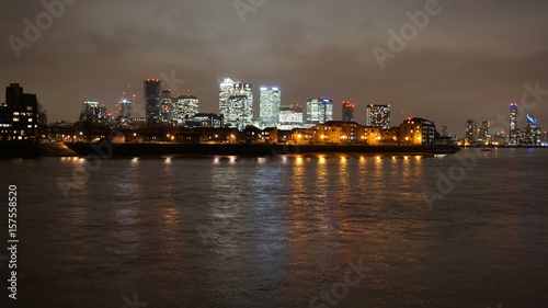 Night shot of Canary Warf skyline in isle of dogs as seen from Greenwich   London  United Kingdom
