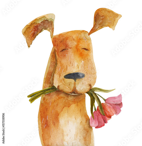 Red dog with flowers. Watercolor illustration. Hand drawing