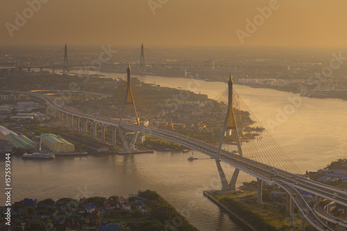 Bhumibol Bridge during golden hour in Bangkok, Thailand.